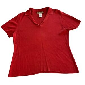 Alfani Red Silk‎ Ribbed Short Sleeve Collared Knit Top Size L